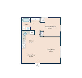 A floor plan of a small apartment with a living room, dining area, kitchen, and two bathrooms.