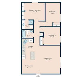 A floor plan of a home with a living room, dining area, kitchen, and three bedrooms.