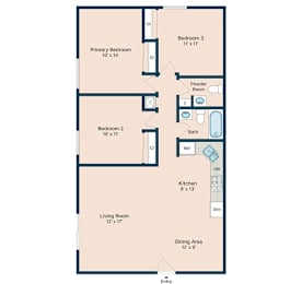 A floor plan of a small apartment with a living room, two bedrooms, a kitchen, and a powder room.