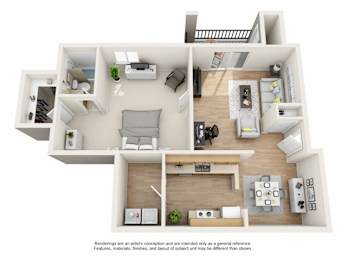 A 3D floor plan of a house with a kitchen, living room, and two bedrooms.