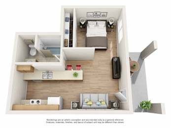A 3D rendered image of a modern apartment layout.