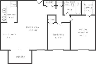 A black and white floor plan of a house with a living room, dining area, kitchen, two bedrooms, a bathroom, and a balcony.