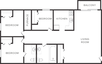 A floor plan of a house with a living room, kitchen, and three bedrooms.