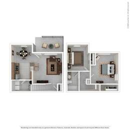 A floor plan of a two-bedroom apartment with a kitchen and living room.
