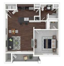 A floor plan of a house with a kitchen, living room, and bathroom.