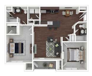 A top-down view of a house layout with a kitchen, living room, and bedrooms.