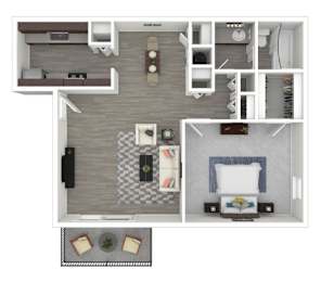 A top down view of a dollhouse apartment with a living room, dining room, kitchen, and bathroom.