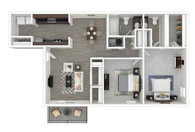 A floor plan of a house with a kitchen, living room, and two bedrooms.