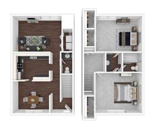 A floor plan of a two-story apartment with a living room, kitchen, and bathroom on the first floor, and a bedroom with a bathroom on the second floor.