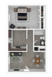 A top-down view of a small apartment with a kitchen, living room, and bathroom.