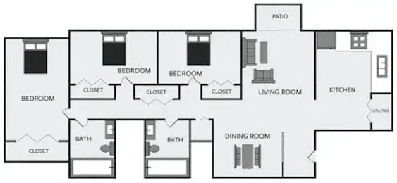 A black and white floor plan of a house with labeled rooms.