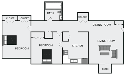 A floor plan of a house with two bedrooms, a living room, a dining room, a kitchen, a bathroom, and a patio.