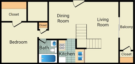 A floor plan of a house with a bedroom, kitchen, dining room, living room, and two closets.