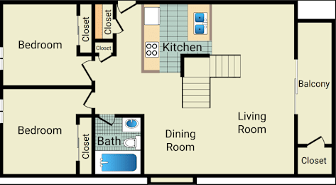 A floor plan of a living space with a kitchen, two bedrooms, a dining room, and a bathroom.