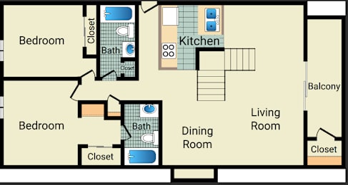 A floor plan of a house with two bedrooms, a kitchen, a dining room, and a living room.