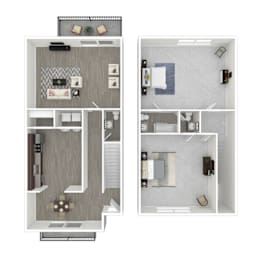 A floor plan of a small apartment with a kitchen, living room, and bathroom.