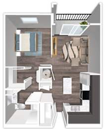 A top-down view of a small apartment with a kitchen, living room, and bathroom.