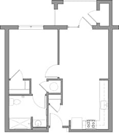 A floor plan of a house with a kitchen, living room, and bathroom.