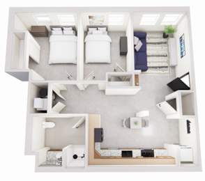 A top view of a small apartment with two beds, a kitchen, and a bathroom.