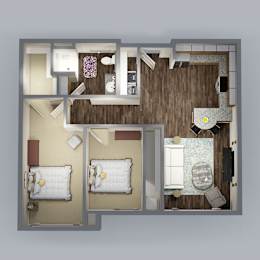 A 3D floor plan of a house with two bedrooms and a living area.