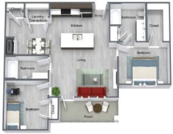 A floor plan of a house with a kitchen, living room, and two bedrooms.