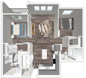 A 3D floor plan of a house with a kitchen, living room, and bathroom.