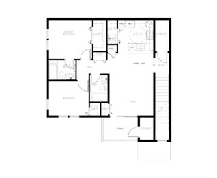 A black and white floor plan of a house with a kitchen, living room, bedrooms, and bathrooms.