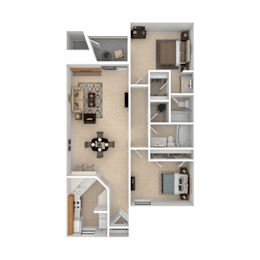 A detailed 3D floor plan of a small apartment layout.