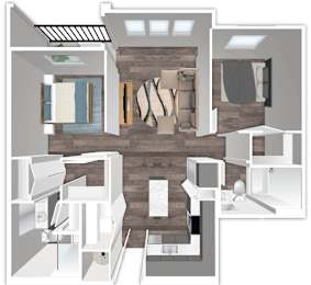 A 3D floor plan of a house with a kitchen, living room, and bathroom.