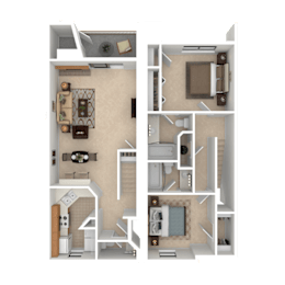 A detailed 3D floor plan of a small apartment.