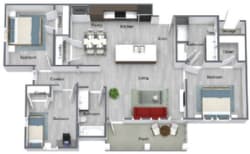 A floor plan of a house with a living room, two kitchens, a dining room, and a garage.