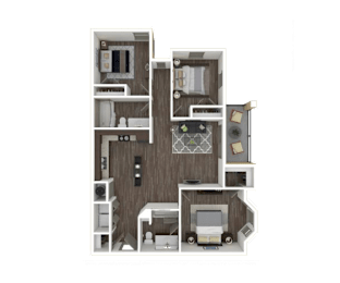 A 3D rendered image of a house layout with a kitchen, living room, and two bedrooms.