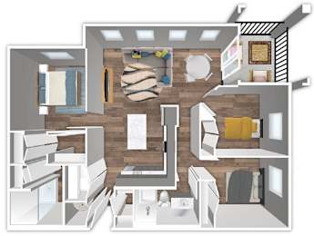 A floor plan of a house with a kitchen, living room, and bathroom.