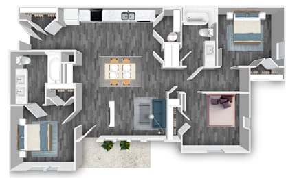 A floor plan of a house with a kitchen, living room, dining room, and bathroom.