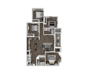 A 3D floor plan of a house with multiple rooms and furniture.