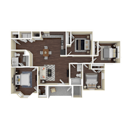 A 3D rendered image of a house layout.