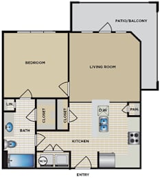 A floor plan of a house with a bedroom, living room, kitchen, and bathroom.
