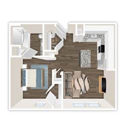 A top down view of a living room with a couch, chair, and coffee table.