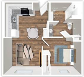A floor plan of a house with a kitchen, living room, and bathroom.