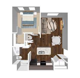 A top down view of a bedroom with a bed, dresser, and mirror.
