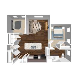 A 3D floor plan of a house with a kitchen, living room, and bedrooms.