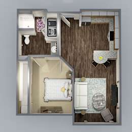 A top down view of a small apartment with a bedroom, living room, and kitchen.