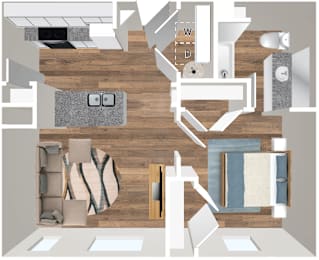 A top-down view of a living room with a couch, chair, coffee table, and a fireplace.