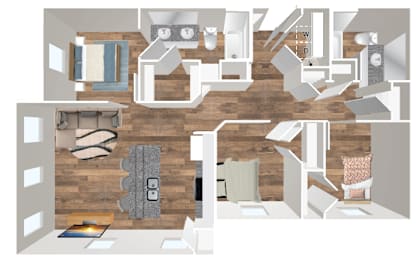 A 3D rendered image of a house layout.