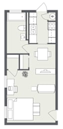 A floor plan of a house with a living room, kitchen, and two bedrooms.