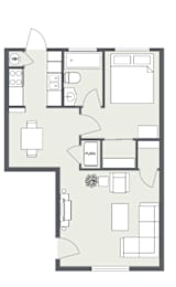 A floor plan of a house with a living room, kitchen, and bathroom.