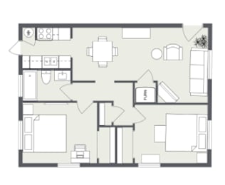 A floor plan of a house with a kitchen, living room, and dining area.