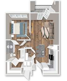 A floor plan of a house with a kitchen, living room, and bathroom.