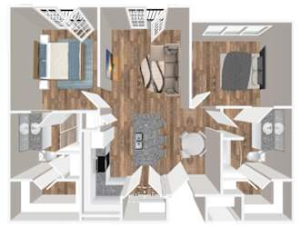 A top down view of a house interior with a kitchen, living room, and dining area.