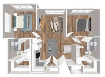 A top down view of a house layout with a central living room.